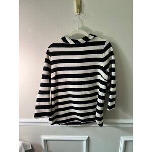 Talbots Womens Black White Striped Ribbed Funnel Neck Cardigan Shirt Large